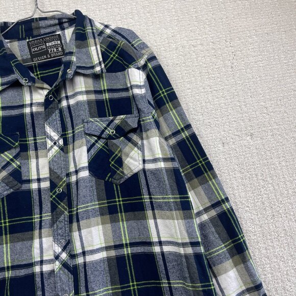 URBAN VINTAGE Snap Button Up Flannel Plaid Shirt Men SZ XXL Neon Green / Blue - Picture 4 of 14